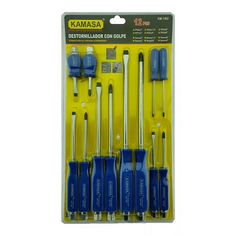 KAMASA - Set Kit Juego De Destornilladores De Golpe 12 Piezas Kamasa