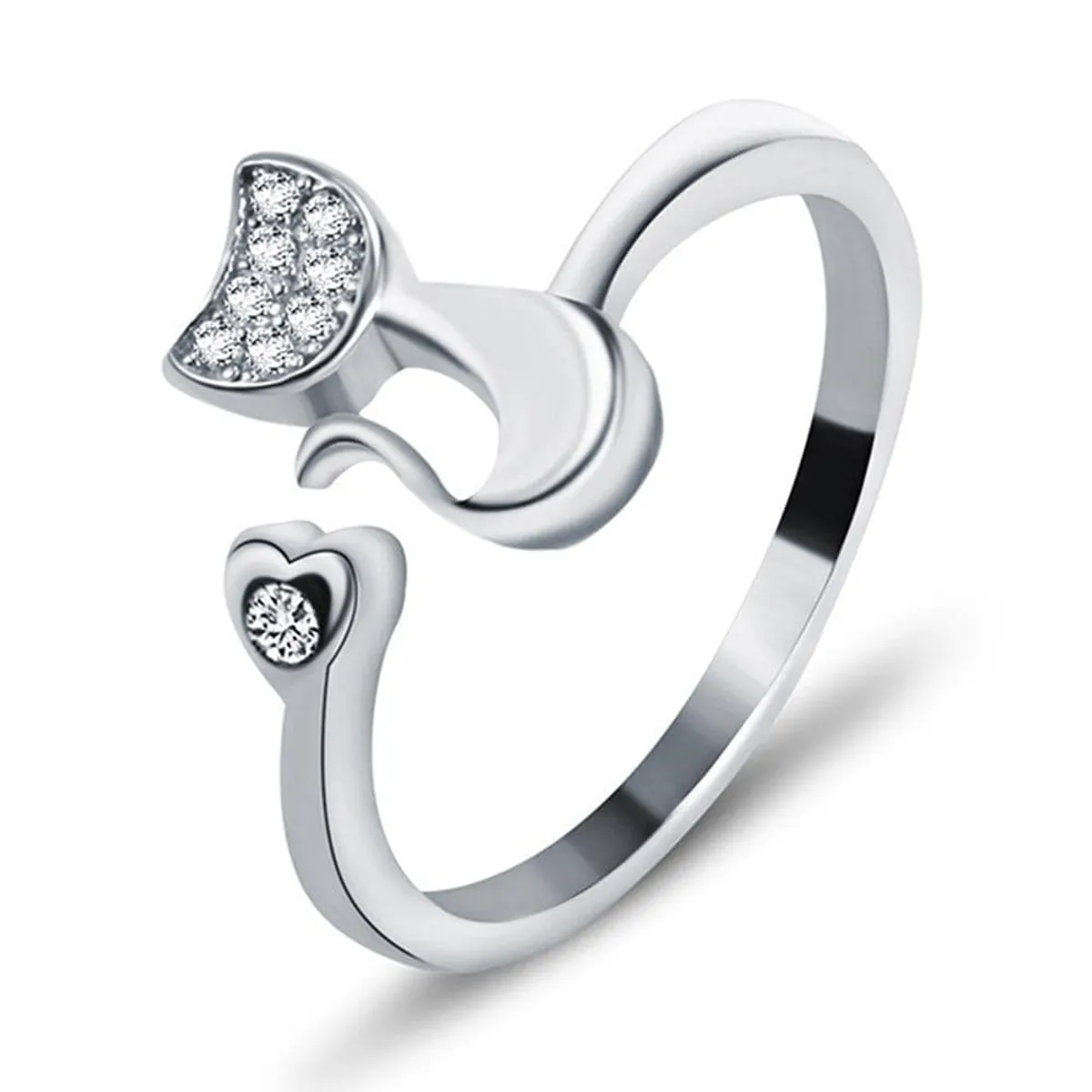 TODOJOYAS - Anillo Gato Con Circon Plateado Ajustable