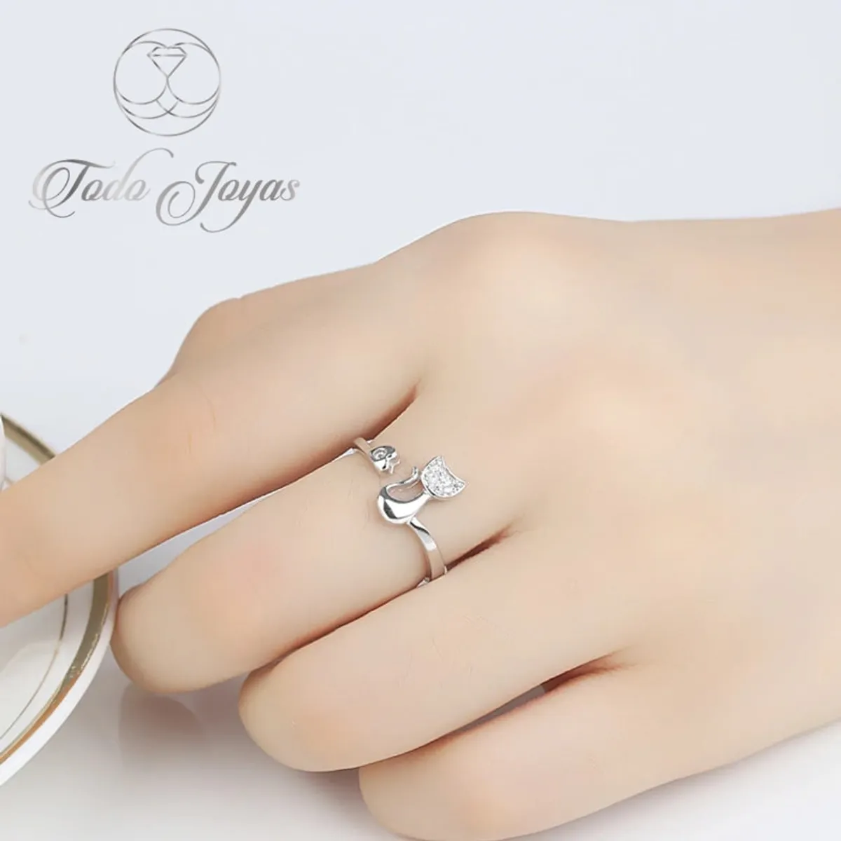 TODOJOYAS - Anillo Gato Con Circon Plateado Ajustable