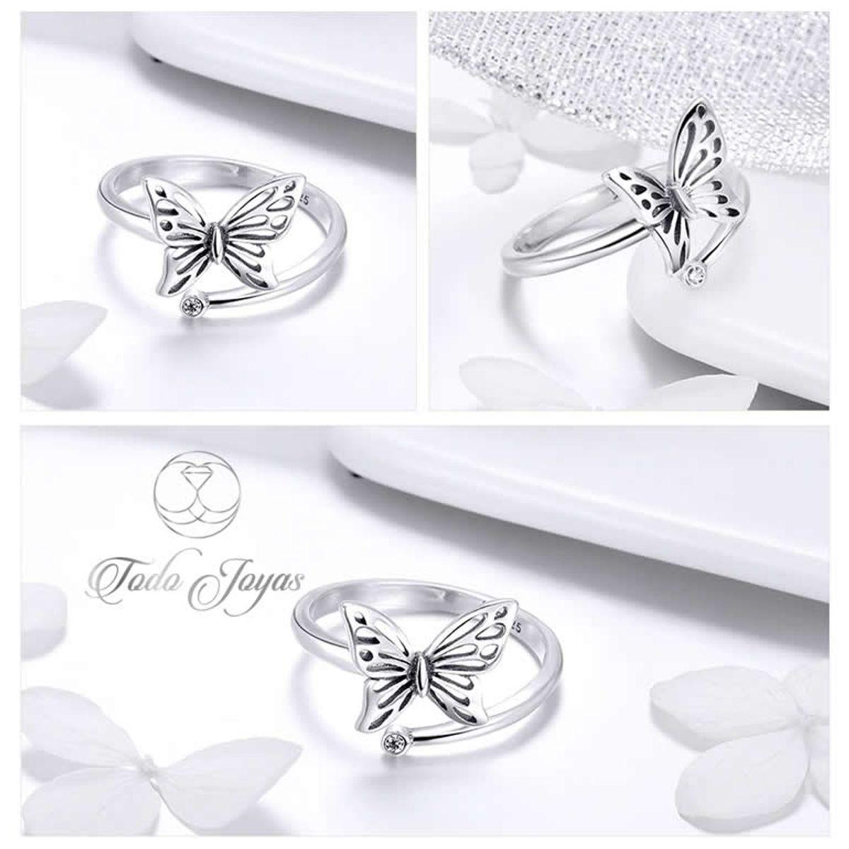 TODOJOYAS - Anillo Plata 925 Mariposa y Circon Ajustable