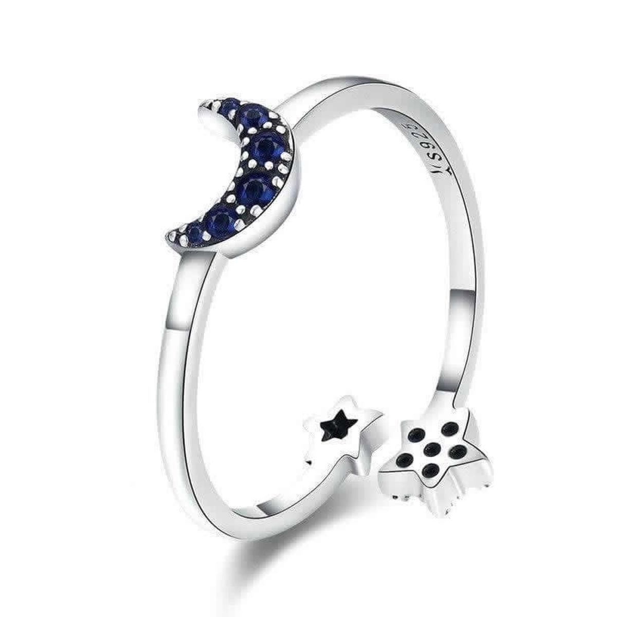TODOJOYAS - Anillo Plata 925 Luna Azul y Estrellas Ajustable