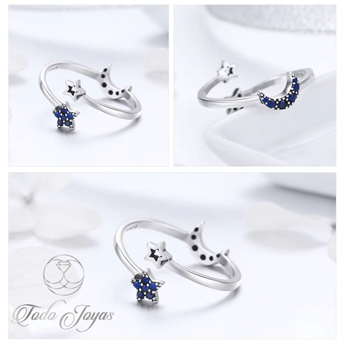 TODOJOYAS - Anillo Plata 925 Luna Azul y Estrellas Ajustable