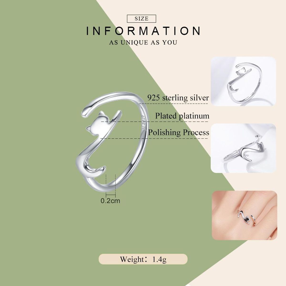 TODOJOYAS - Anillo Plata 925 Forma de Gato Ajustable