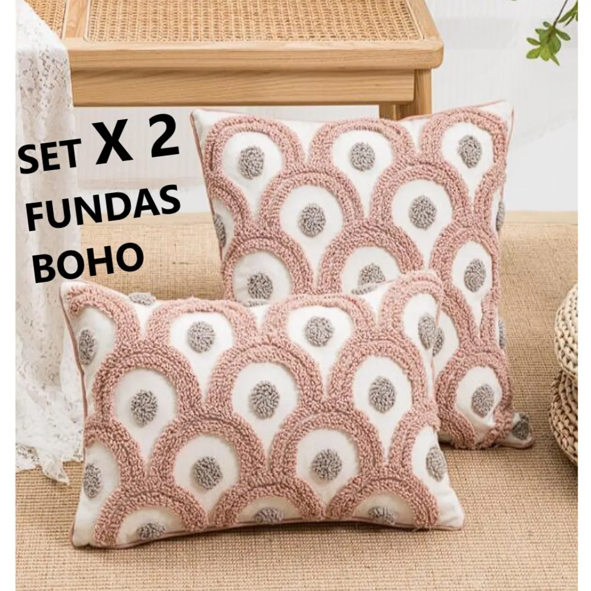 COMPRAPO - Set X 2 Fundas Cojín Boho Chic Marruecos Crudo y Rosa 30x50 y 45x45 cm