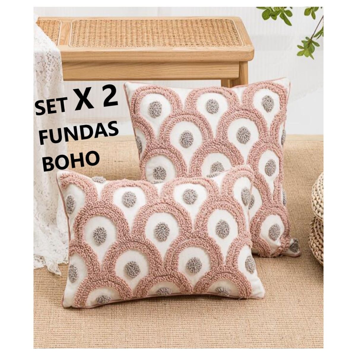 COMPRAPO - Set X 2 Fundas Cojín Boho Chic Marruecos Crudo y Rosa 30x50 y 45x45 cm