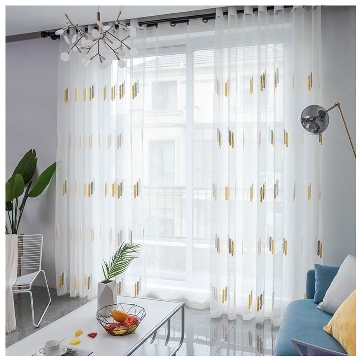 COMPRAPO - Set x 2 Visillos Blancos con Bordado Espiga Gris y Mostaza 140x230 Cm