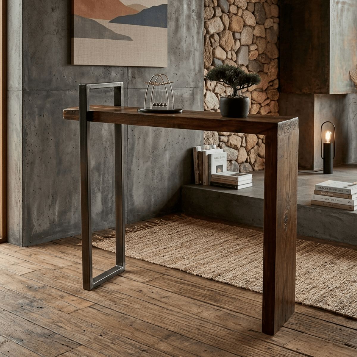 GENERICO - Mesa De Arrimo De Metal Y Madera Diseño Unico