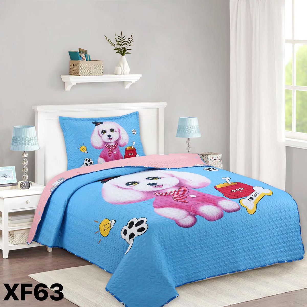 GENERICO - Cubrecama Quilt Verano 1.5 Plazas - Celeste Poodle XF63