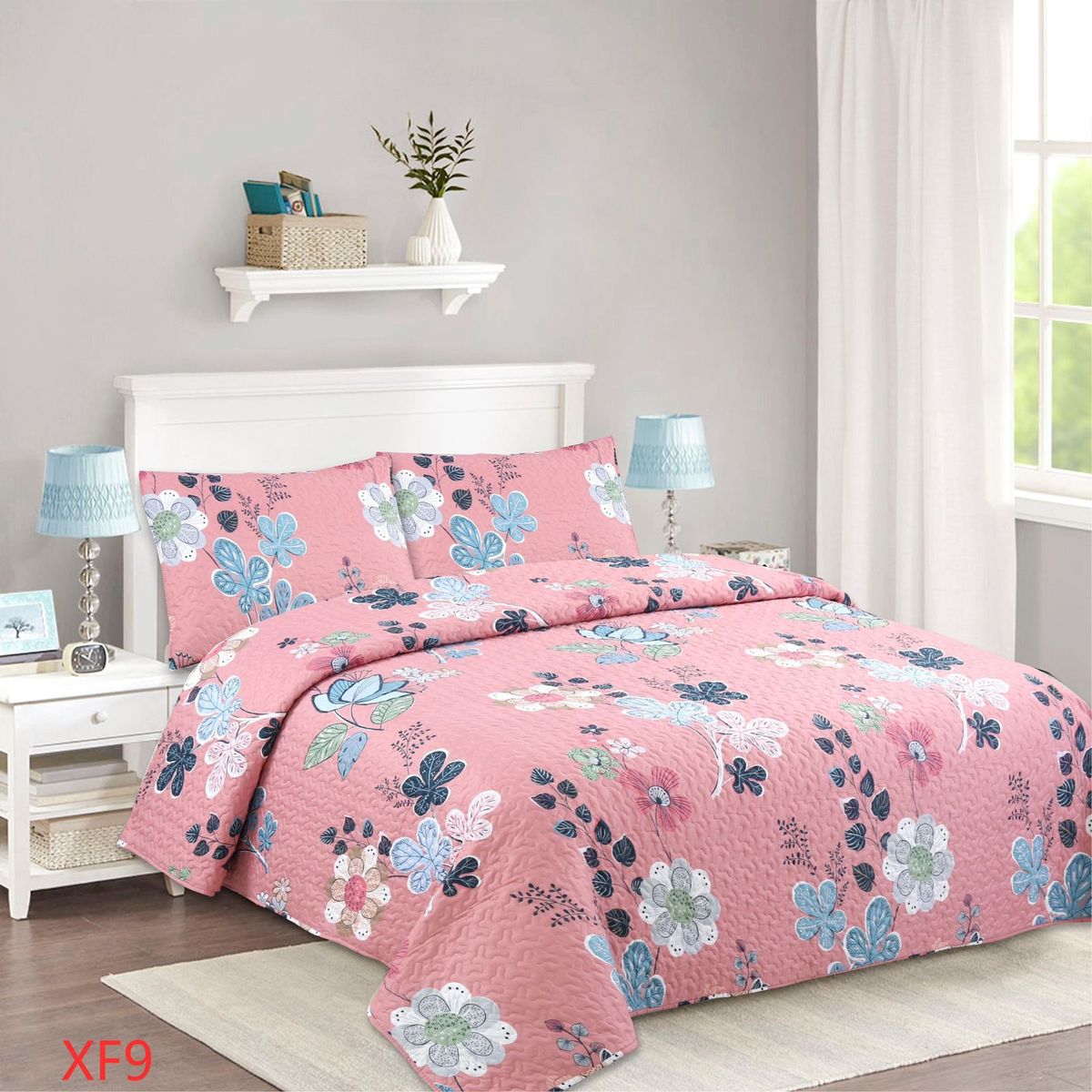 GENERICO - Cubrecama Quilt Verano 1.5 Plazas Polialgodón - Salmón Flores XF9