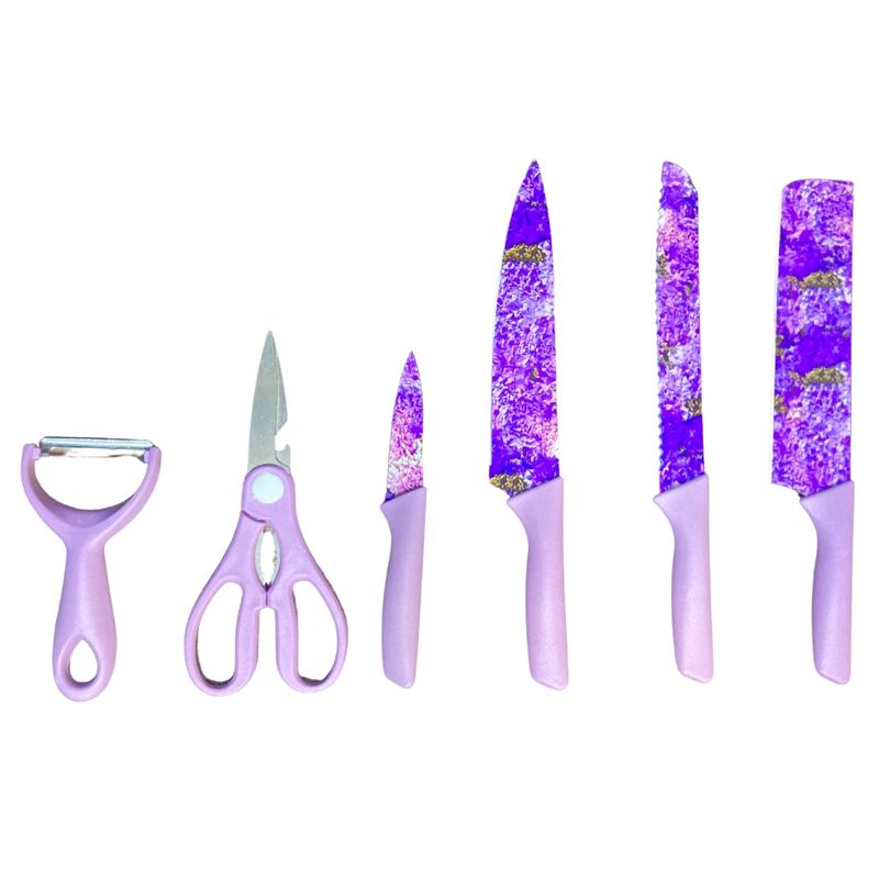 GENERICO - Set Morado De Cuchillos Floreados Juego Premium  Tijera y Pelador 6PCS