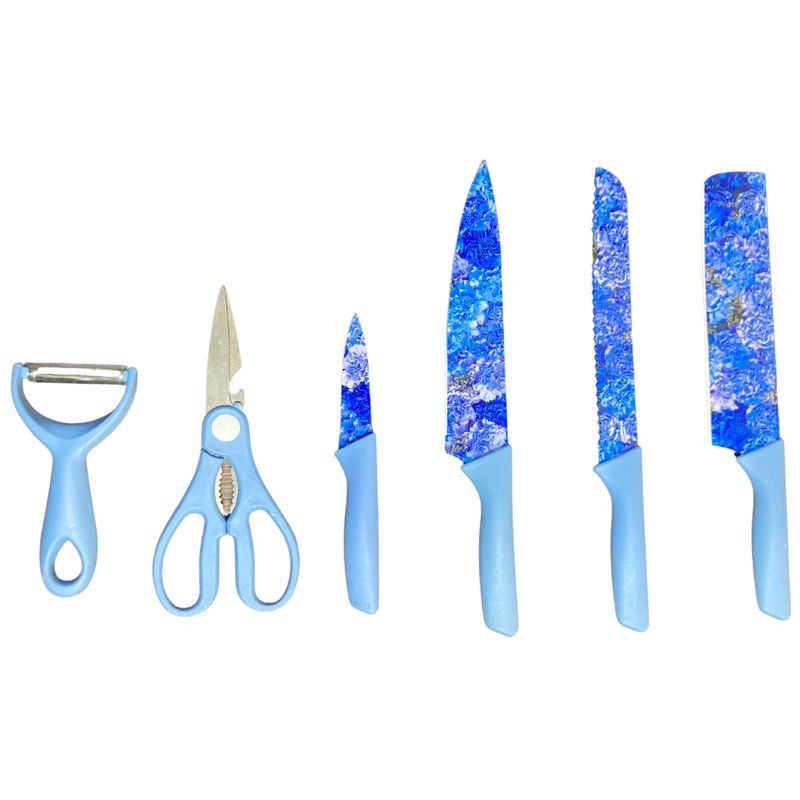 GENERICO - Set Azul De Cuchillos Floreados Juego Premium  Tijera y Pelador 6PCS