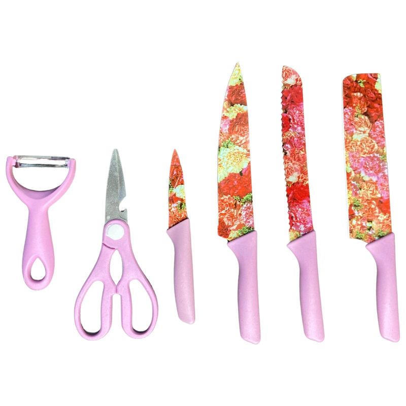 GENERICO - Set Rosado De Cuchillos Floreados Juego Premium  Tijera y Pelador 6PCS