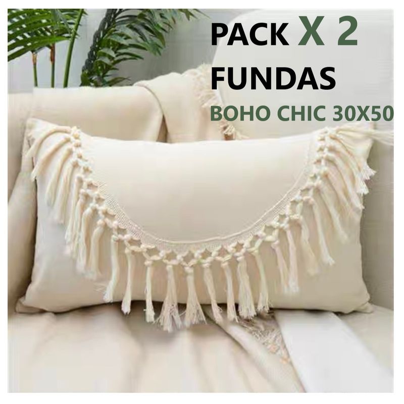 COMPRAPO - Set X 2 Fundas Cojín Boho Chic Flecos Rectangulares 30x50 Cm