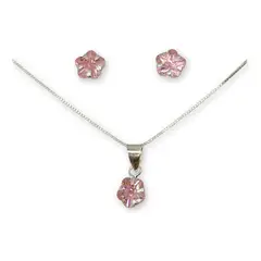 GENERICO - Conjunto Collar Aros Colgante Flor Circon Rosado Plata 925