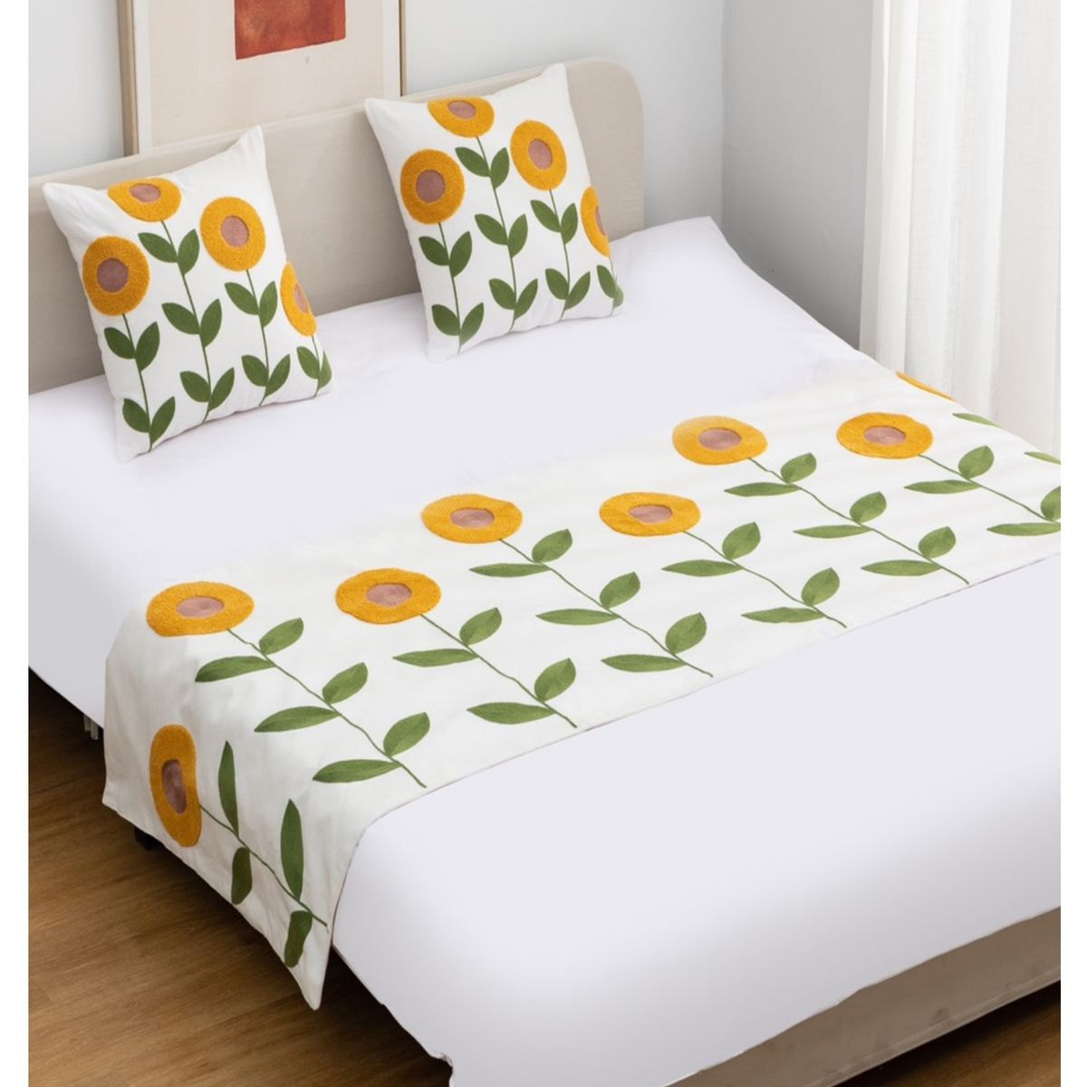 GENERICO - Set Piecera King o 2 Pzas + 2 Fundas 45x45 Bordados "Flor Amarella"