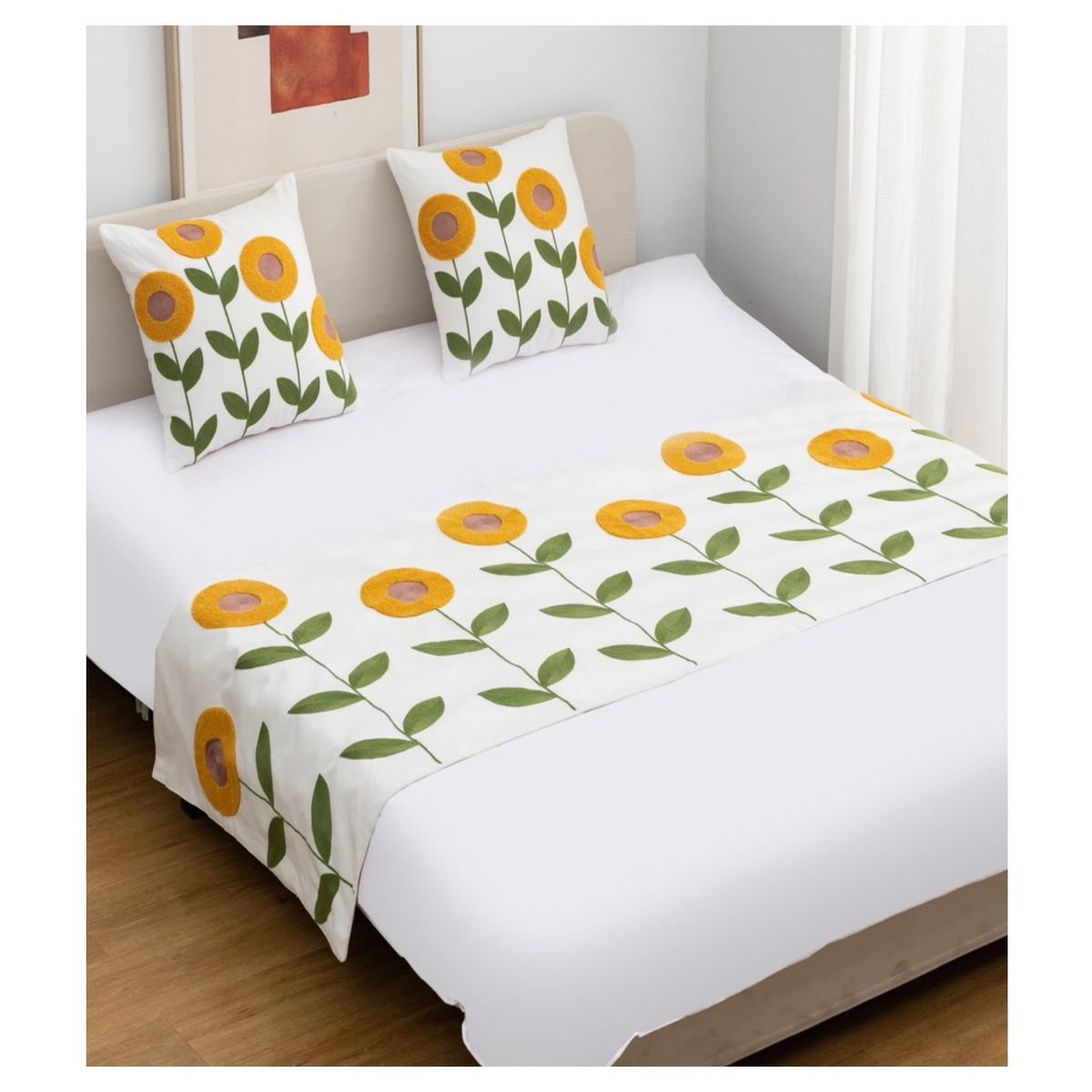 GENERICO - Set Piecera King o 2 Pzas + 2 Fundas 45x45 Bordados "Flor Amarella"