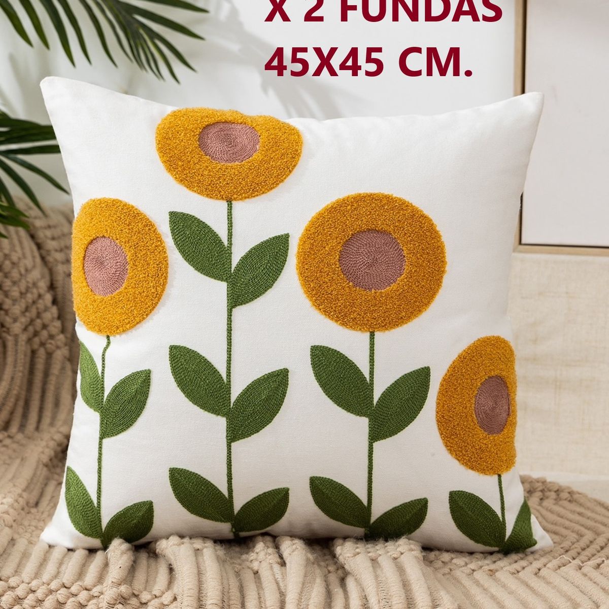 GENERICO - Set Piecera King o 2 Pzas + 2 Fundas 45x45 Bordados "Flor Amarella"