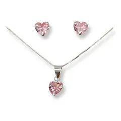 GENERICO - Conjunto Collar Aros Colgante Corazon Circon Rosado Plata925