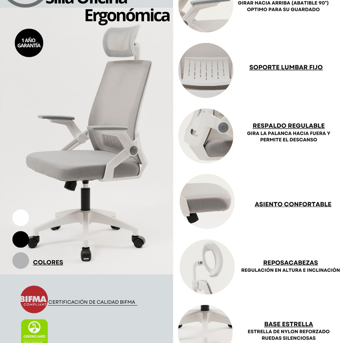 MODERNISMO - Silla de oficina ejecutiva Ergonomic Plus Gris