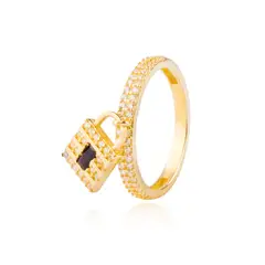 JB JOYAS BARON - Anillo Plata Esterlina 925 Candado Circon Onix Revestido en Oro 18kt
