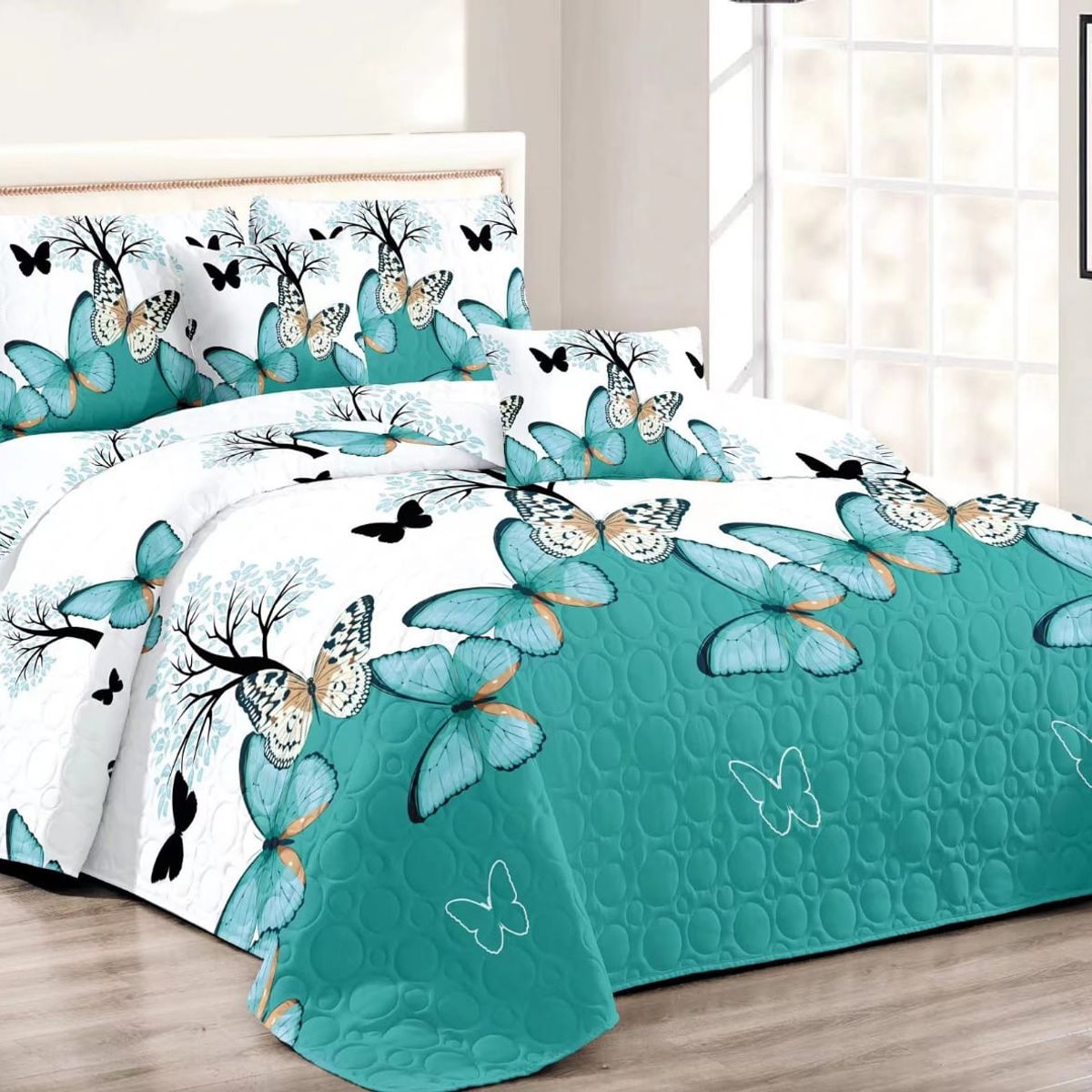 GENERICO - Cobertor de verano tipo Quilt con fundas - 2 Plazas Mariposas Calipso