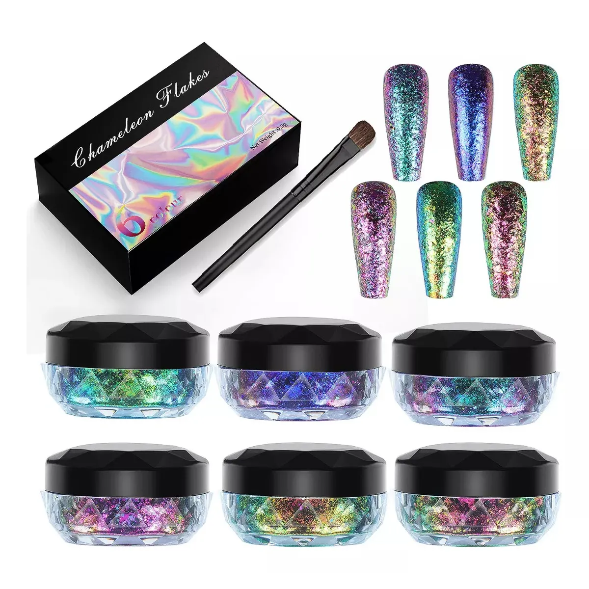 GENERICO - Pigmento Polvo Para Uñas Chameleon Flakes 6pcs.