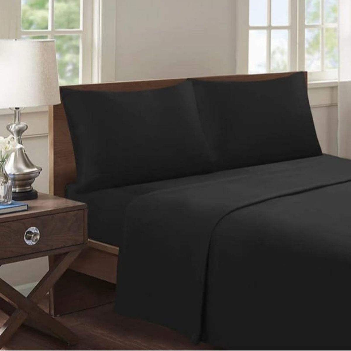 GENERICO - Juego de Sábana King 144 hilos Color Negro GS002