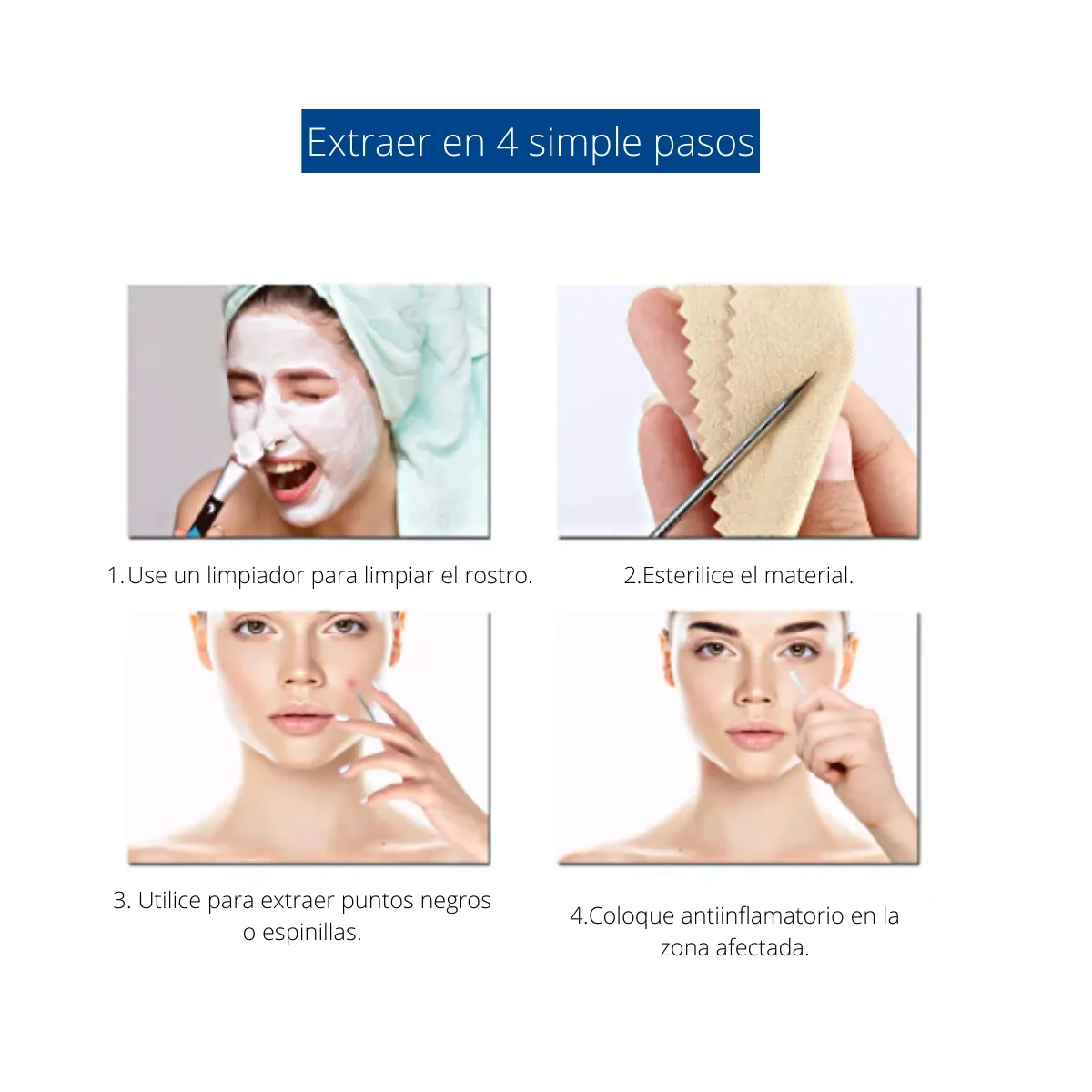 GENERICO - Kit Extractor De Comedones Espinillas 4 Piezas Doble Cabezal.