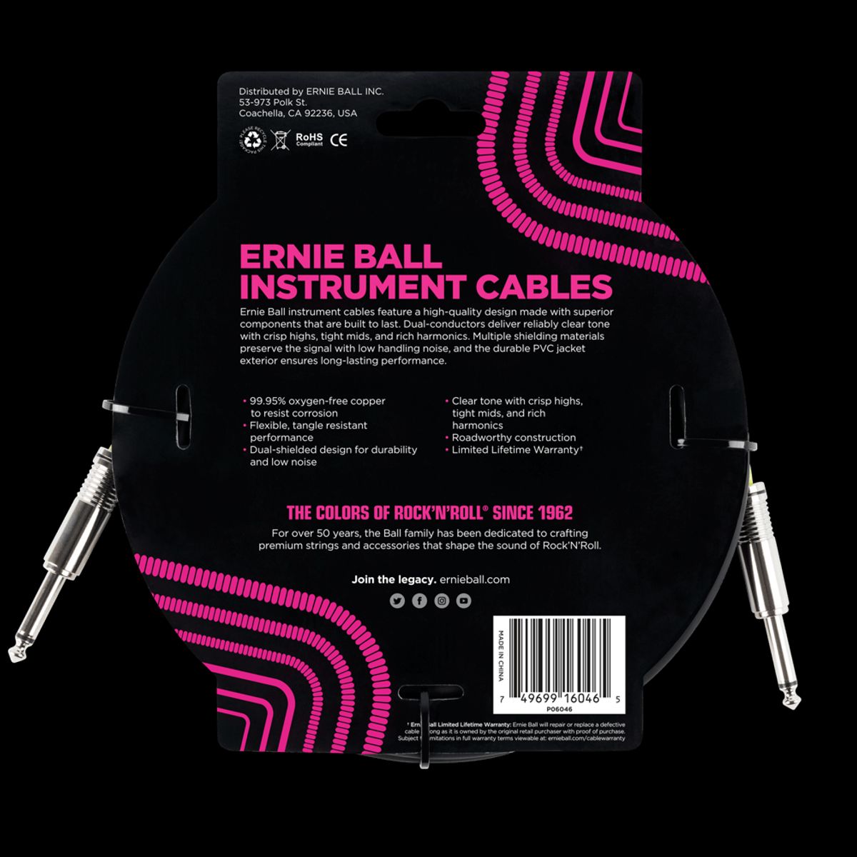 ERNIE BALL - Cable de Instrumento Plug de 6 Metros Ernie Ball 6046