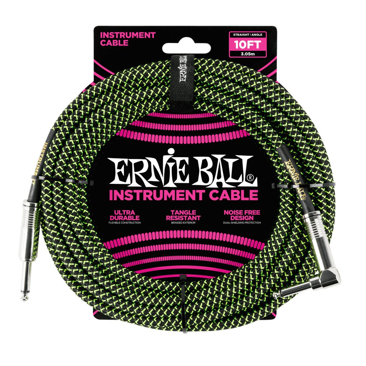ERNIE BALL - Cable de Instrumento Trenzado Verde/Negro 3m Ernie Ball 6077