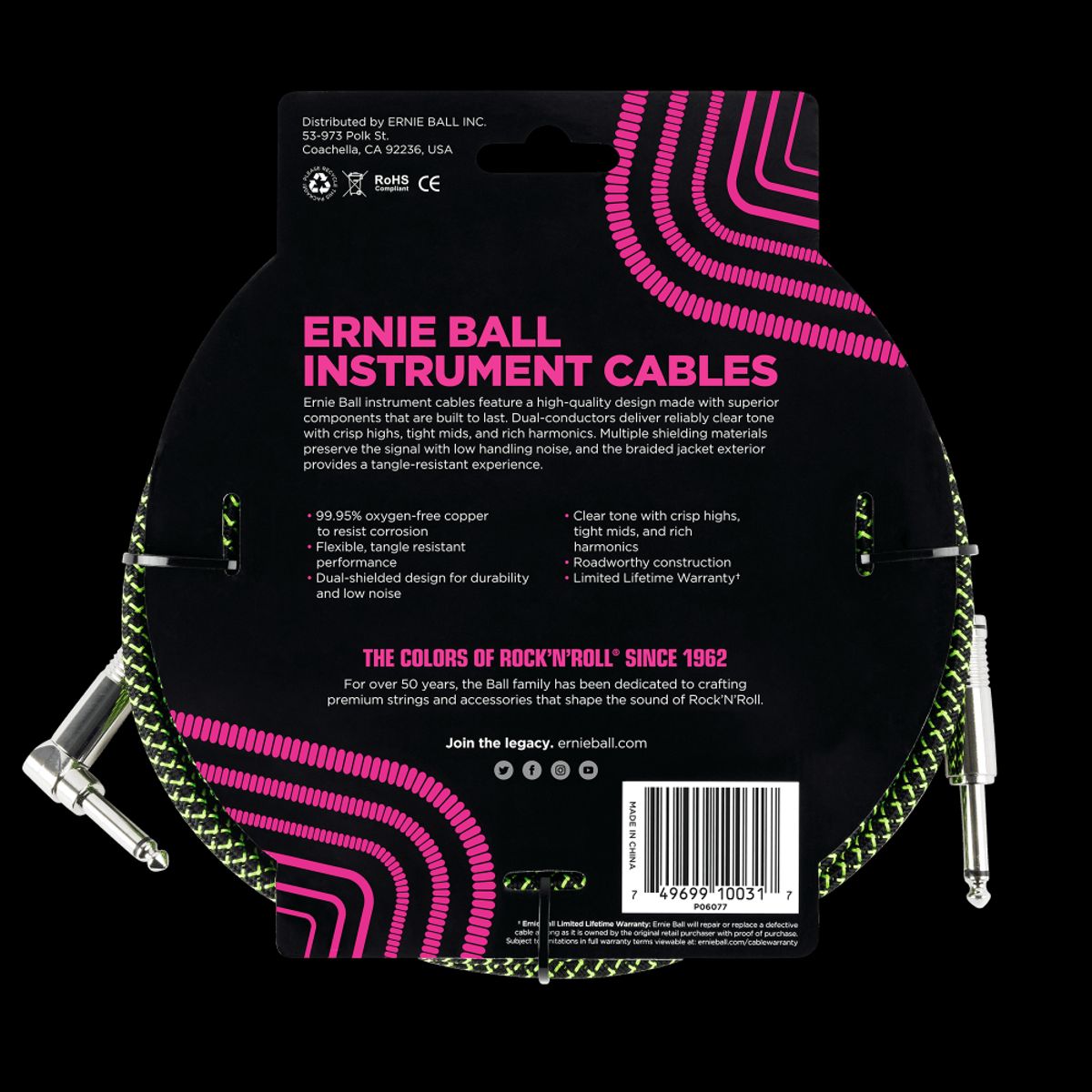 ERNIE BALL - Cable de Instrumento Trenzado Verde/Negro 3m Ernie Ball 6077