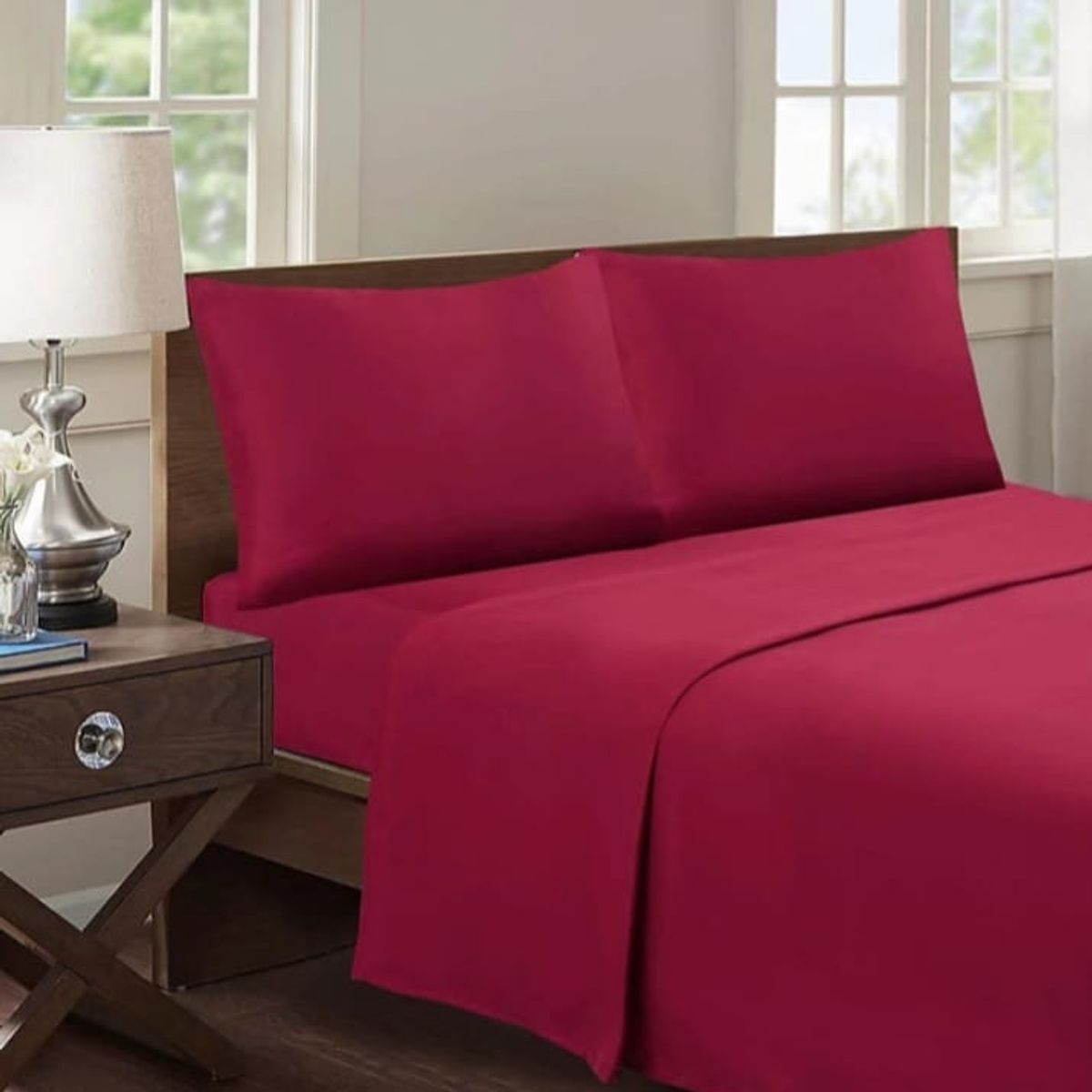 GENERICO - Juego de Sábana 1.5 Plazas 144 Hilos Color Burdeos GS005