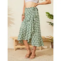 MOSS ROSE - Falda midi estampada estilo bohemio para mujer en color verde militar