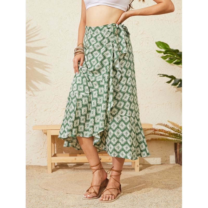 MOSS ROSE - Falda midi estampada estilo bohemio para mujer en color verde militar