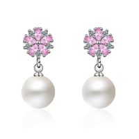 Aros Perla Con Circones Rosa Plateado