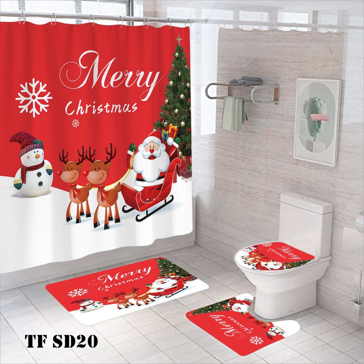 GENERICO - JUEGO DE SET DE BAÑO DISEÑO NAVIDAD COMPLETO 4 PIEZAS