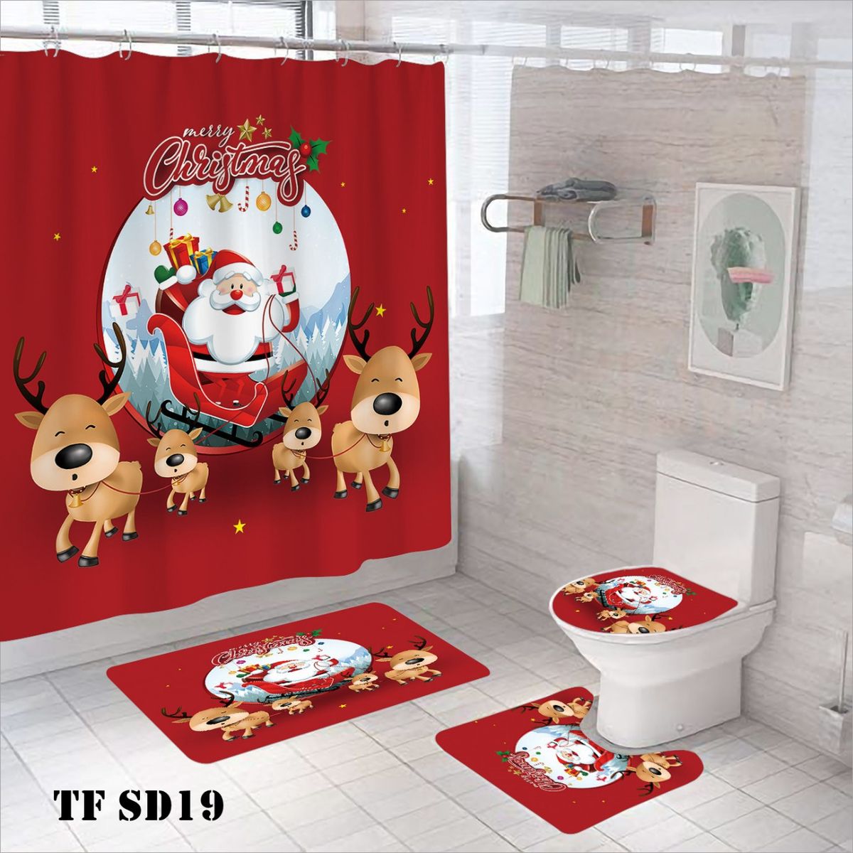 GENERICO - JUEGO DE SET DE BAÑO DISEÑO NAVIDAD COMPLETO 4 PIEZAS
