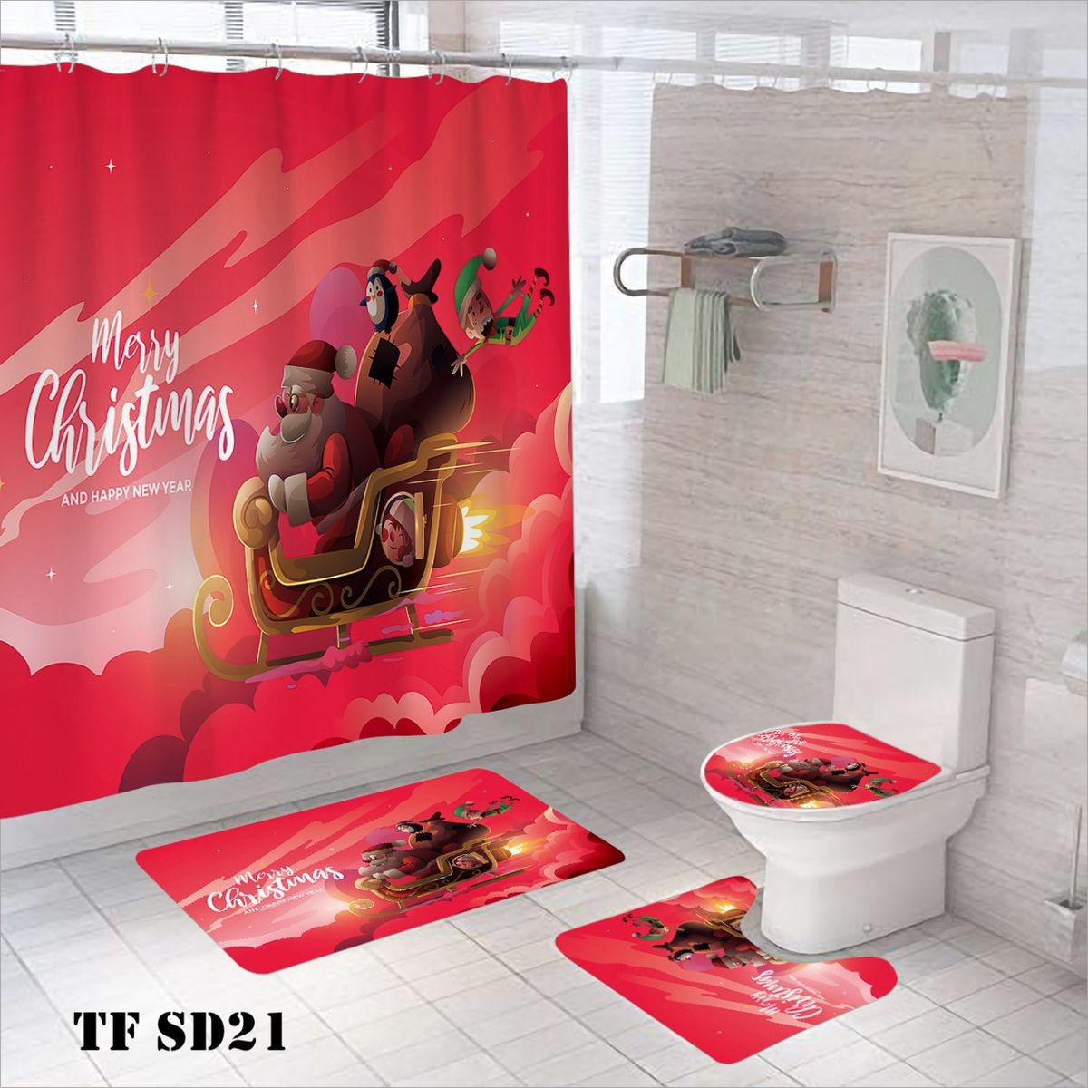 GENERICO - JUEGO DE SET DE BAÑO DISEÑO NAVIDAD COMPLETO 4 PIEZAS
