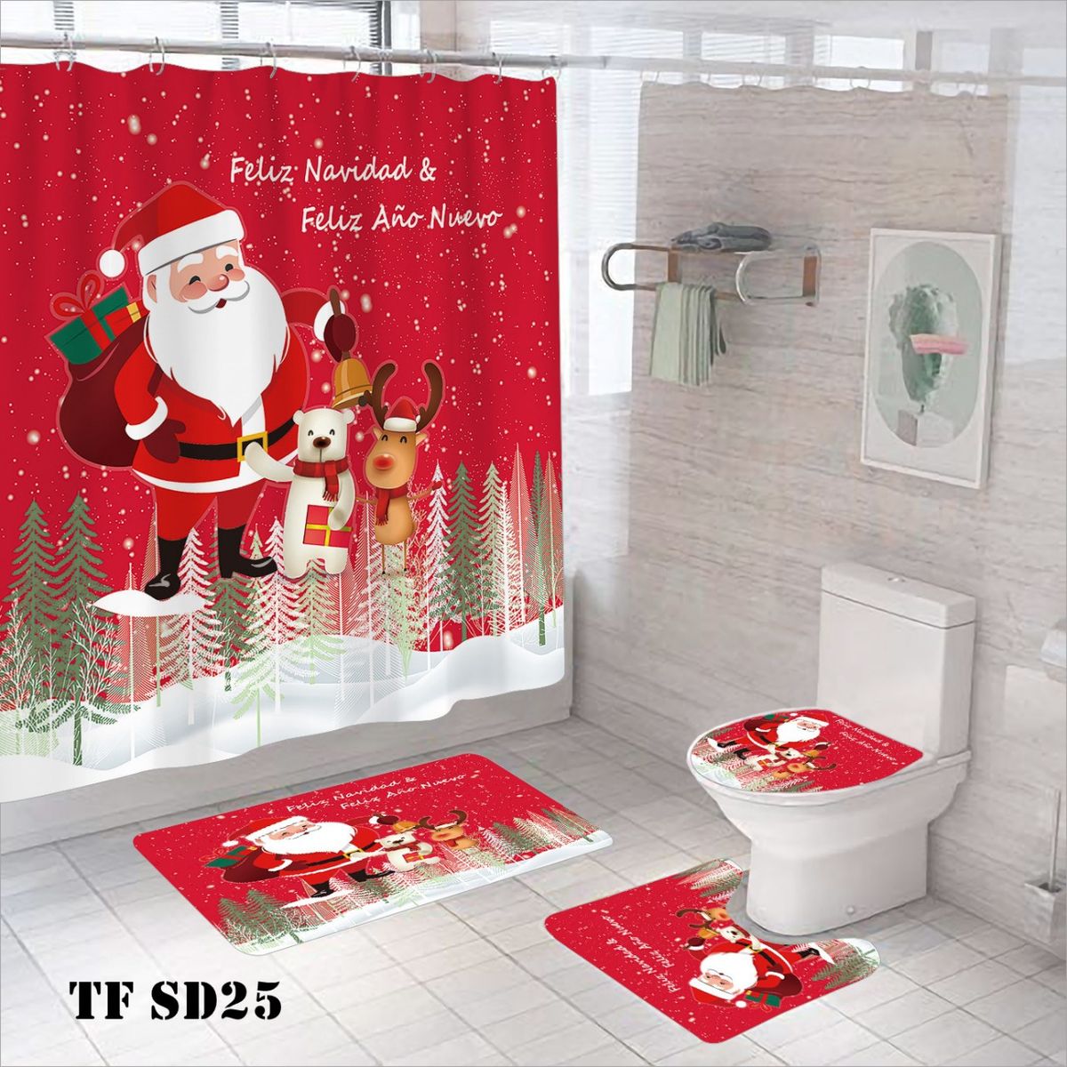 GENERICO - JUEGO DE SET DE BAÑO DISEÑO NAVIDAD COMPLETO 4 PIEZAS