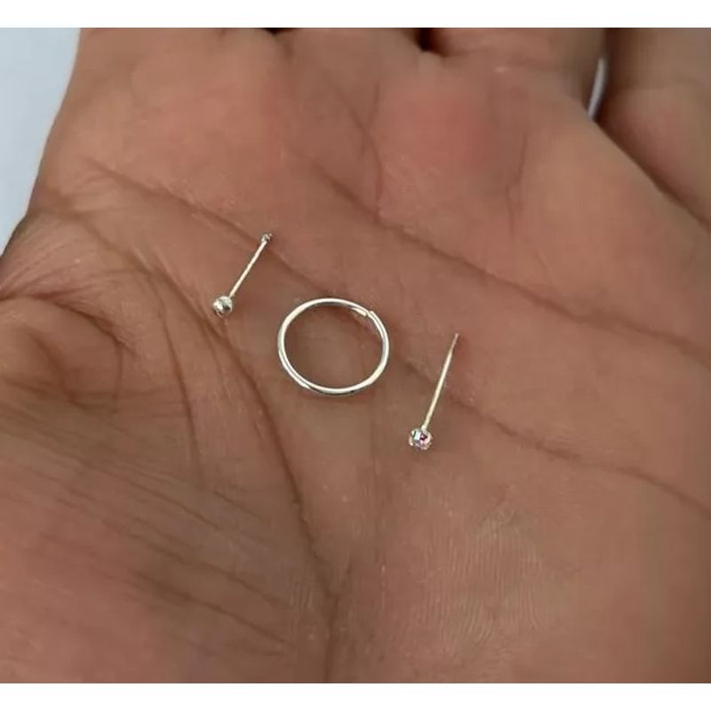 GENERICO - Pack 3 Piercing Nariz Bolita Circon Argolla 8 Mm Plata