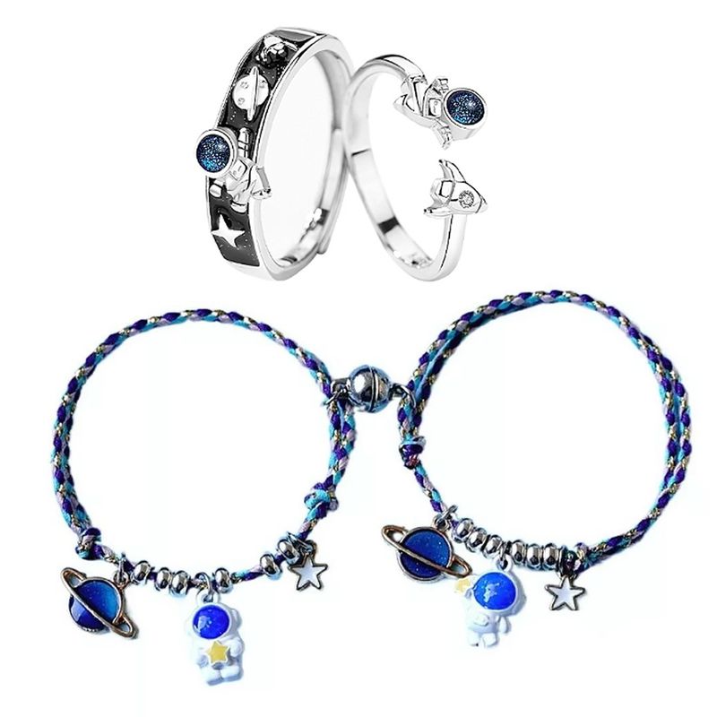 KUANGYE - Set Astronauta 2pulseras Pareja De Imán2anillo Amor Eterno