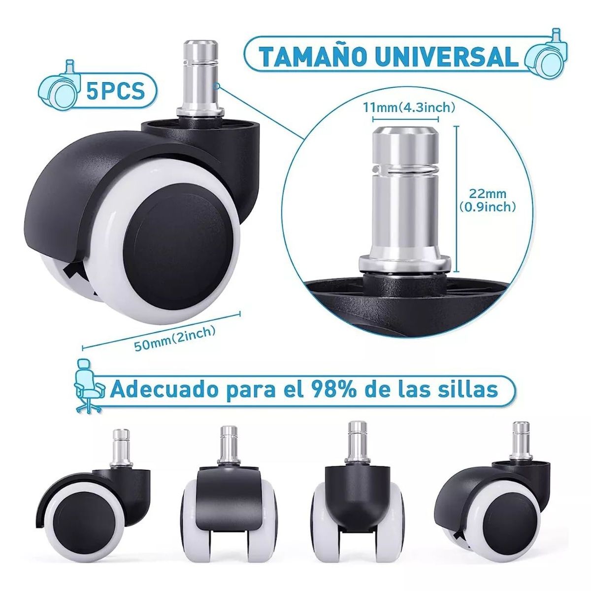 KUANGYE - Ruedas Para Silla Escritorio Tipo Roller Set 5 Universales