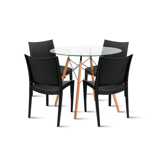 KLIK - Comedor Mesa Eames de vidrio 100cm + 4 Sillas de terraza exterior - Negras KLIK