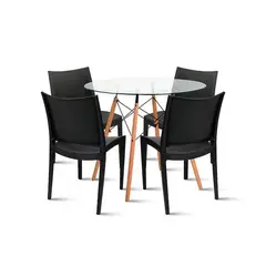 KLIK - Comedor Mesa Eames de vidrio 100cm + 4 Sillas de terraza exterior - Negras