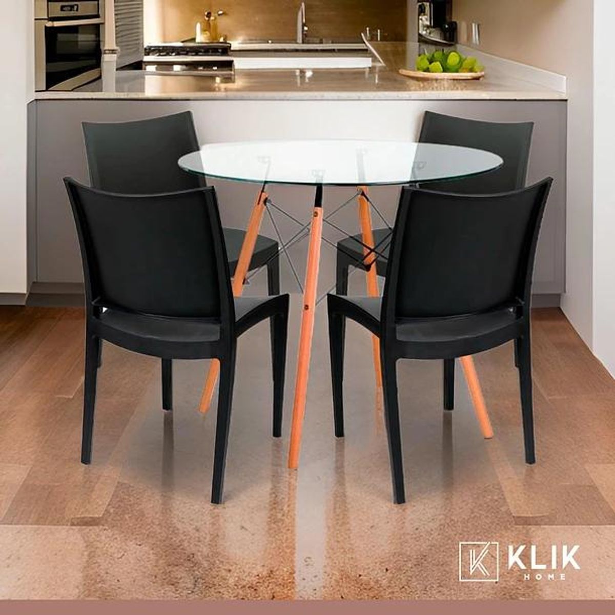 KLIK - Comedor Mesa Eames de vidrio 100cm + 4 Sillas de terraza exterior - Negras KLIK