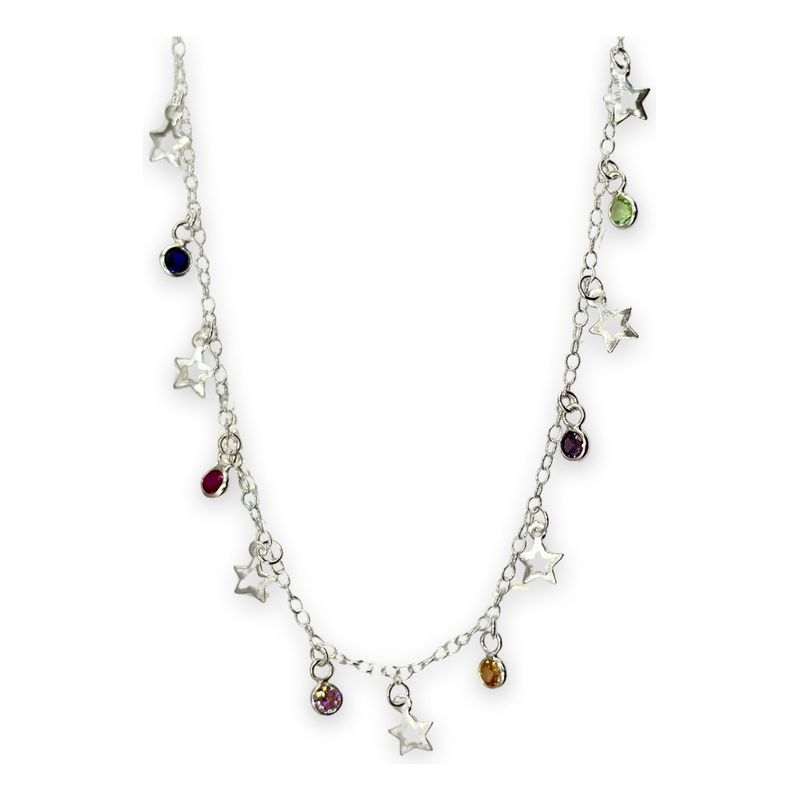 GENERICO - Collar Estrellas Caladas Circon Colores Plata Ley 925 + Caja