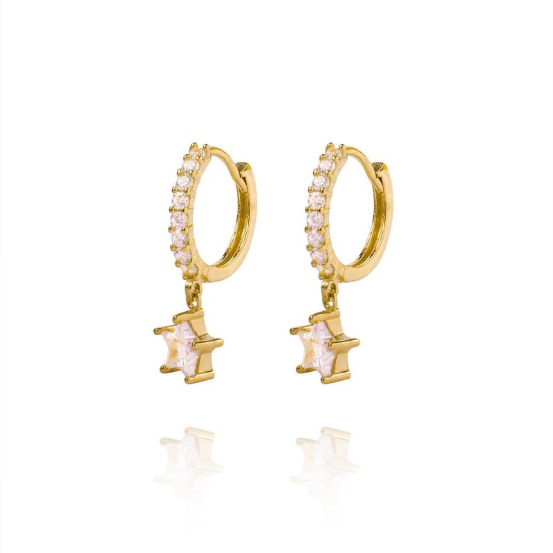 JB JOYAS BARON - Aros de Oro 18kt Argollas Estrella Colgante y Circonitas