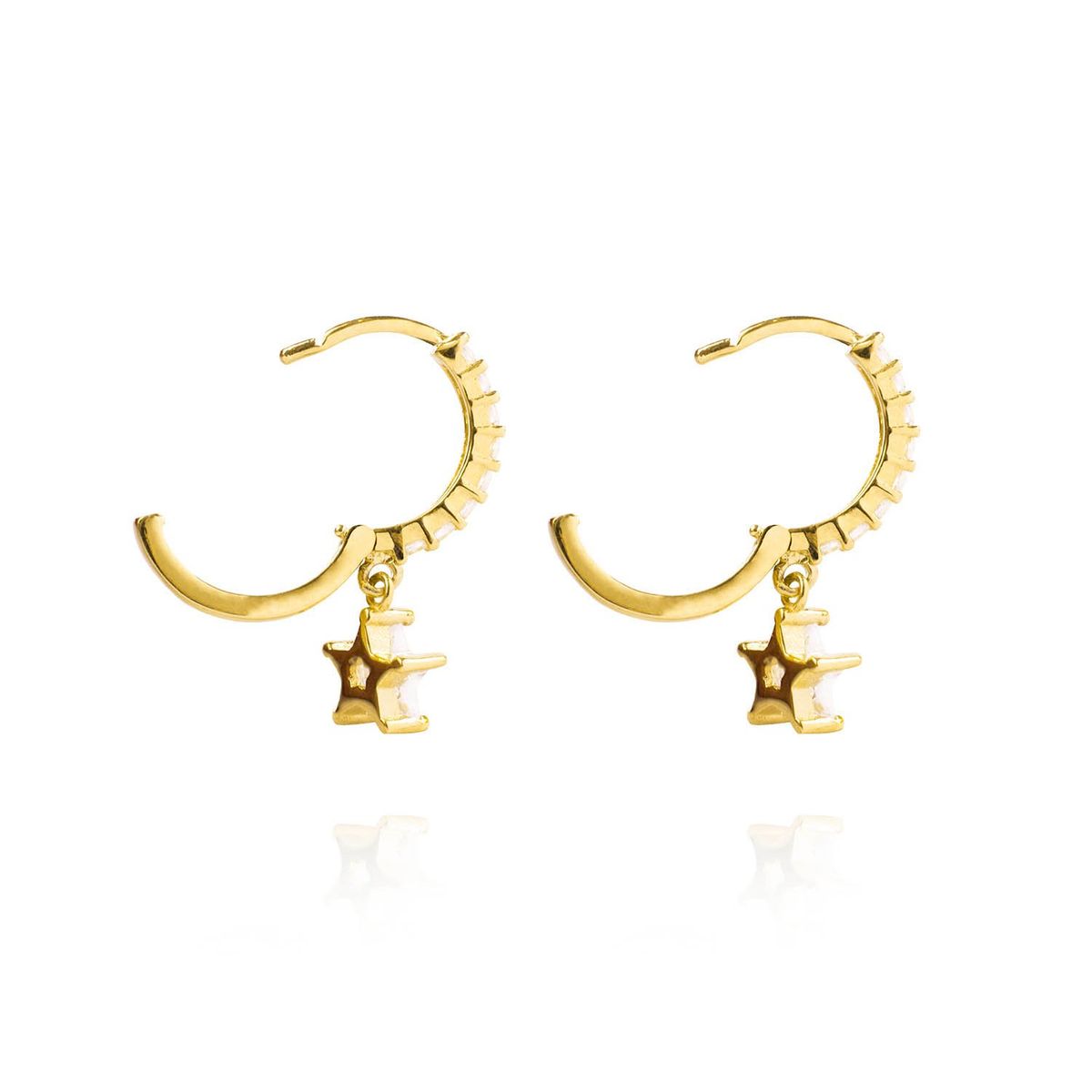 JB JOYAS BARON - Aros de Oro 18kt Argollas Estrella Colgante y Circonitas