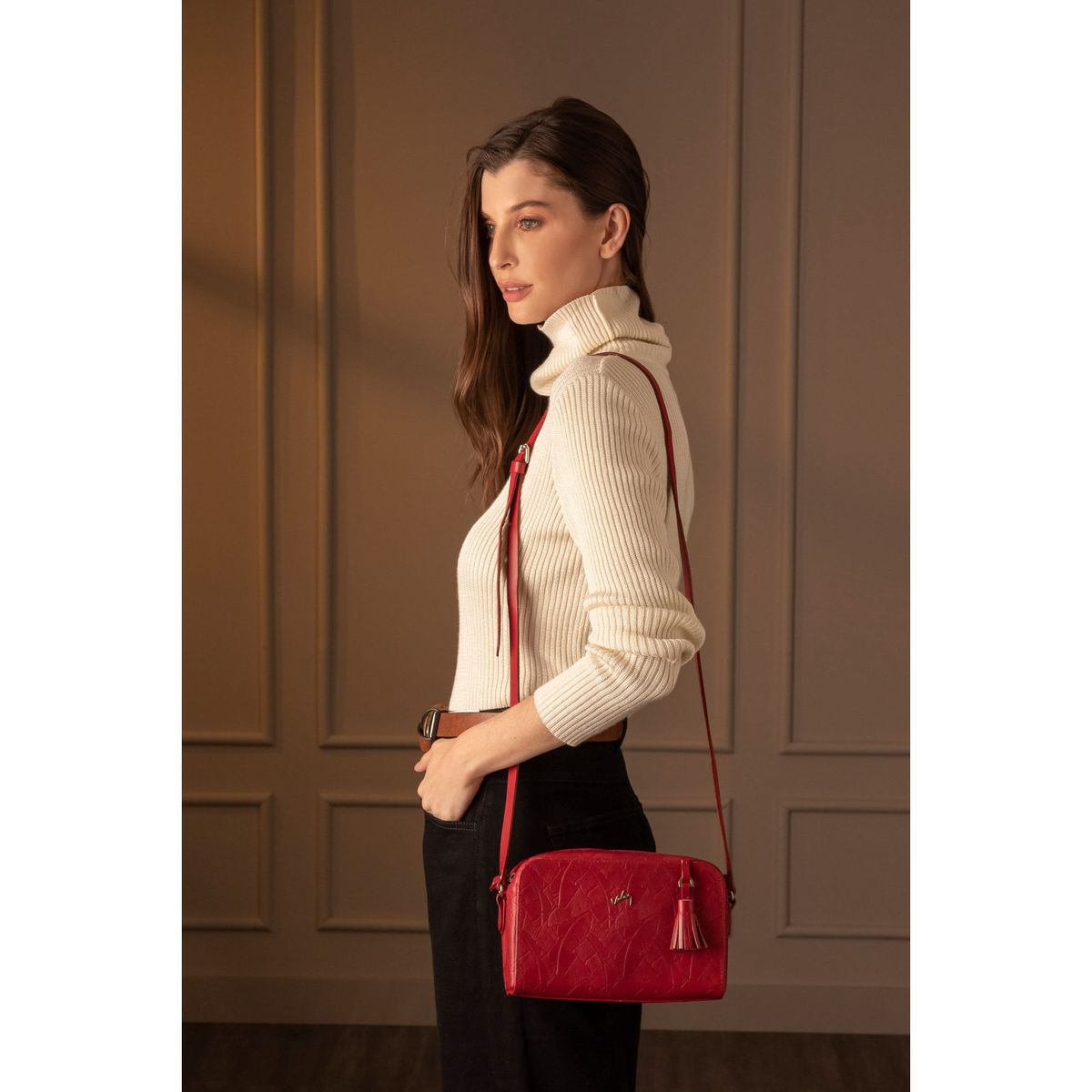 VELEZ - Vélez Bandolera Verona de Cuero Mujer Grabado Palmera Rojo