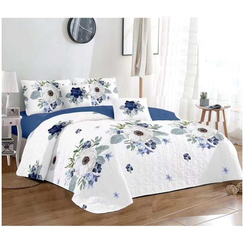 GENERICO - cubrecama DISEÑO DE FLORES AZULES 2 PLAZAS TELA QUILT DE VERANO  TF